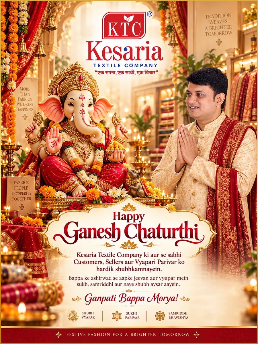 iamriteshmodi's tweet photo. Happy Ganesh Chaturthi 

Kesaria Textile Company | Ganesh Chaturthi | Ritesh Modi | Surat Textile King | Motivational Speaker

#GaneshChaturthi #LordGanesha #RiteshModi #Kesariatextile #Kesariatextilecompany https://t.co/VSgyu2bFHY