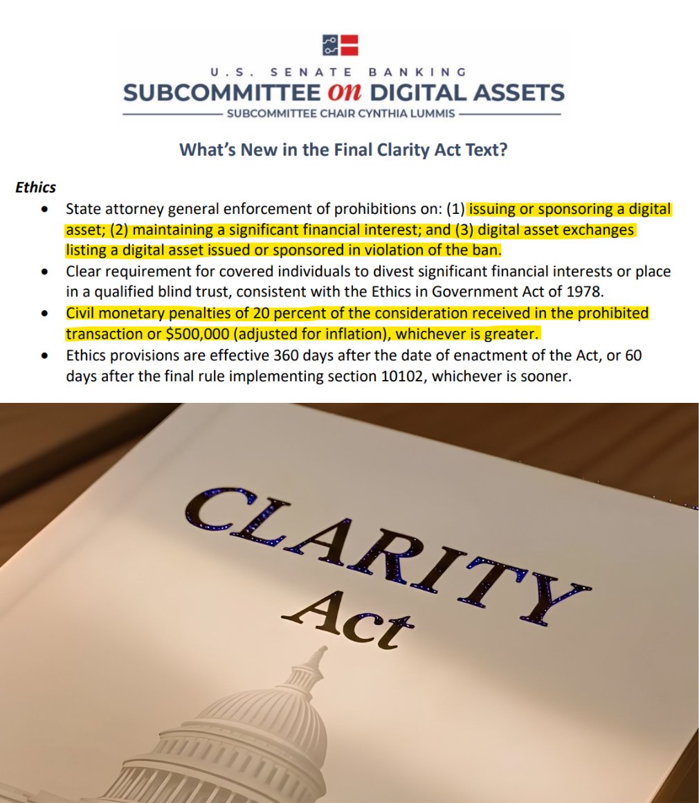 BullTheoryio's tweet photo. New CLARITY Act ethics provisions backed by President Trump:

1. Covered federal officials must divest significant digital-asset holdings or place them in a qualified blind trust.

2. State attorneys general can enforce bans on officials issuing, sponsoring or holding significant interests in digital assets.

3. Exchanges cannot list digital assets issued or sponsored in violation of these rules.

4. Violations carry penalties of 20% of the transaction value or $500,000, whichever is greater.

The rules take effect no later than 360 days after enactment.