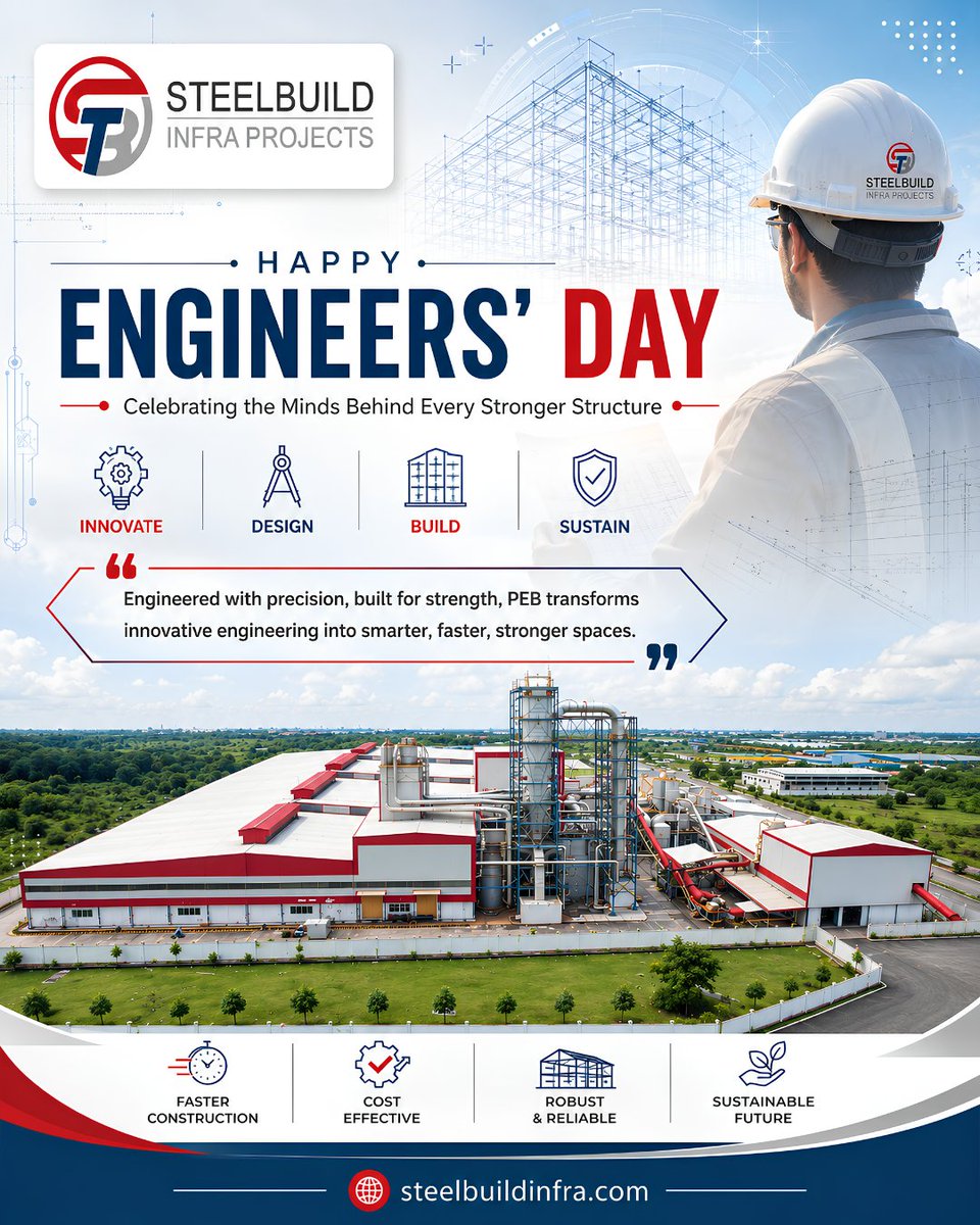 Steelbuildinfra's tweet photo. ⚙️ Happy Engineers’ Day!
Celebrating the minds that turn ideas into strong, future-ready structures.
Engineered with Precision. Built with Commitment.
🌐 https://t.co/aEXKizfqSN
#EngineersDay #PEB #Steelbuild #SteelbuildInfra https://t.co/lgKeCLAHth