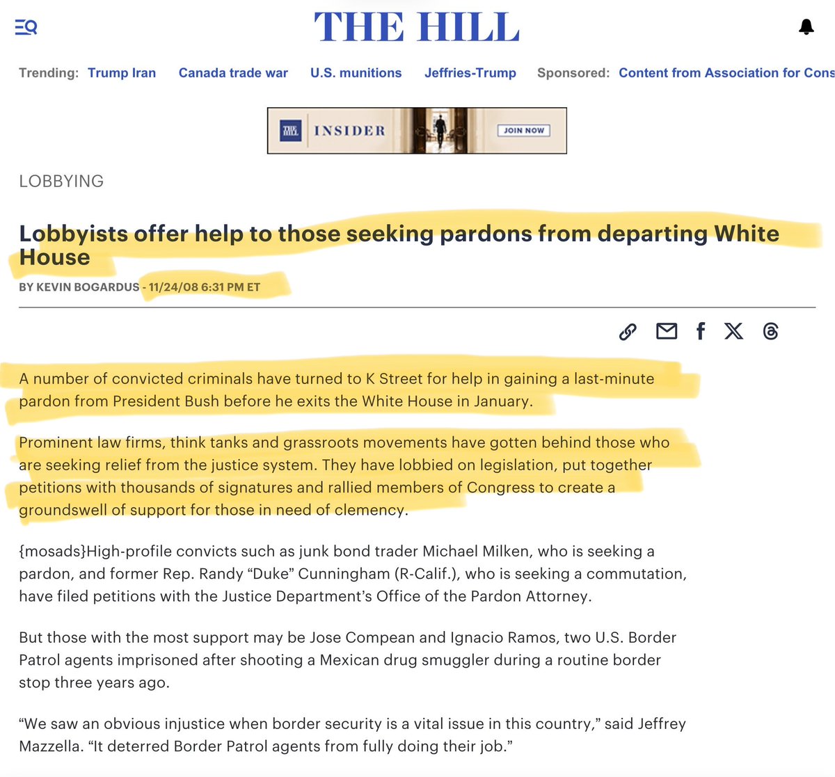 HouseofElon's tweet photo. 🚨 FAKE SPIN ALERT! You election-interfering criminals at 60 Minutes are an absolute vile stain on our country!
Lobbyists have been selling help for pardons for CENTURIES.
IT’S LITERALLY AN ENTIRE INDUSTRY!
Major law firms even have divisions specifically devoted to acting as Pardon Brokers!
Attached is The Hill writing about it years ago, and a quote from the DOJ Head of Pardons under Clinton even sanctioning the use of Congresspeople to help!
Google may be one of your only friends left at low-rated 60 Minutes, but you should use it bc there are hundreds of such articles out there.
@BrendanCarrFCC @bariweiss @FCC