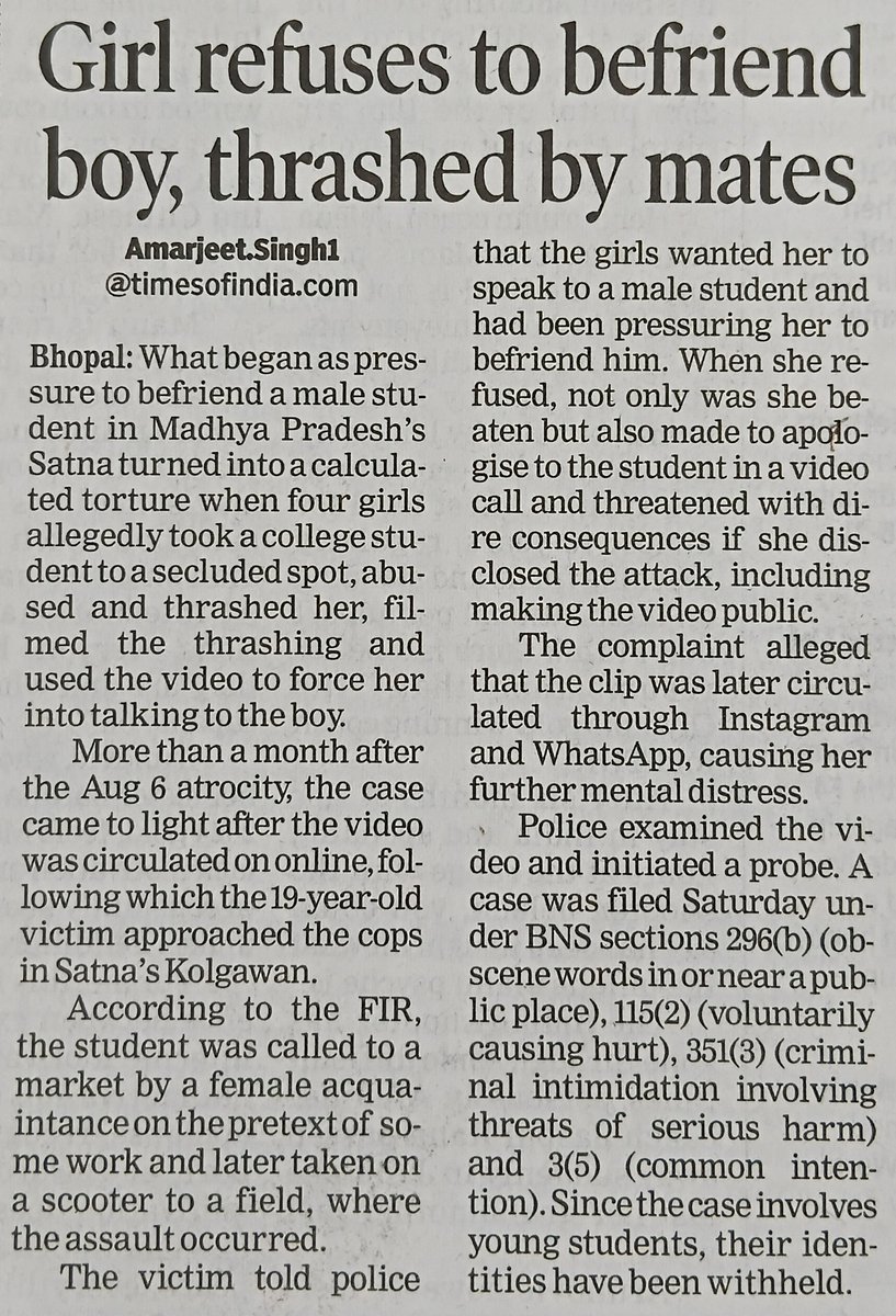 AdvocateIndian's tweet photo. Girl refuses to befriend boy, thrashed by mates | Times of India 14/09/2026 #Satna #MadhyaPradesh @News18MP @TOIIndoreNews @TOIBhopalNews #bhopal #students #women #Asia #SoutheastAsia @AsCorrespondent @ReutersAsia @IndianExpress @IndiaToday @aajtak @timesofindia @TimesNow @ndtv https://t.co/4jSs0SnTBJ