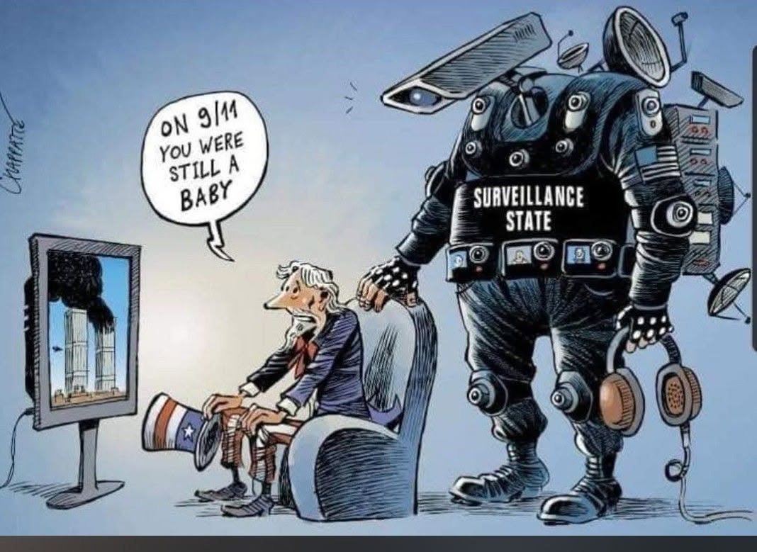 OrwellDay's tweet photo. 2001:
- NSA's Stellar Wind, a.k.a. The Presidential Surveillance Program
- USA PATRIOT Act
- TSA created under the Aviation and Transportation Security Act

2002:
- DARPA's Total Information Awareness (TIA) program
- Homeland Security Act creates Department of Homeland Security

2003:
- Fusion centers begin forming
- Law enforcement agencies began using cell-site simulators, such as the Stingray
- U.S. Customs and Border Protection (CBP) created
- U.S. Immigration and Customs Enforcement (ICE) created
- U.S. Citizenship and Immigration Services (USCIS) created

2004:
- Palantir begins working with U.S. intelligence agencies, including the CIA's venture arm In-Q-Tel
- National Counterterrorism Center (NCTC) created
- Office of the Director of National Intelligence (ODNI) created
- Intelligence Reform and Terrorism Prevention Act

2005:
- NYT reports warrantless NSA wiretapping program
- Police start using drones

2006:
- PATRIOT Act reauthorization

2007:
- Protect America Act

2008:
- Section 702, PRISM, and Upstream were codified under the FISA Amendments Act of 2008 (FAA), which also granted retroactive immunity to telecommunications companies that assisted with Post-9/11 warrantless wiretapping
- Palantir's first major government contract was awarded by the U.S. Department of Defense

2015:
- Cybersecurity Information Sharing Act (CISA): Facilitated corporate sharing of internet traffic data and cyber threat indicators directly with the federal government and intelligence agencies under legal immunity.

2016:
- Ring begins working with police departments
- Police first used geofence warrants

2017:
- Flock cameras begin installations in HOAs
- Clearview AI and other facial-recognition systems begin scraping billions of images from the public web and social media. Police and federal agencies (including ICE) have used it.

2018:
- Section 702 reauthorized
- Government agencies increasingly purchase commercially available data (location, utilities, etc.) from brokers, a practice critics call a warrant workaround
- Amazon acquires Ring and significantly increases Police Department partnerships

2019:
-Flock cameras begin contracting with Police Departments

2020:
- Customs and Border Protection (CBP) Drone Operations: CBP flying MQ-9 Reaper drones over domestic Black Lives Matter protests, highlighting federal aerial surveillance over American cities.
- Secret Executive Order 12333 Data Sweeps: Reports surface detailing bulk data ingestion (including financial and transaction data) under EO 12333, which operates outside FISA judicial review.

2021:
- CDC Location Data Purchase: Federal agencies (including the CDC) confirm purchasing anonymized mobility tracking data from commercial data brokers to monitor movement during pandemic lockdowns, highlighting the normalization of private broker data acquisitions.

2024:
- Section 702 reauthorized
- Federal agencies use commercial location data brokers to bypass warrant requirements

2025/2026:
- Flock grows to 100,000–130,000+ cameras in 49 states, contracts with about 5,000–7,000 law-enforcement agencies (a large fraction of U.S. departments), and on the order of 20 billion vehicle scans per month
- Flock's mass surveillance network creates a persistent, warrantless record of movements for millions of vehicles whose owners are not suspected of crimes.
- Flock is accessed by Federal agencies and stores data in a cloud with no oversight. Data could be used for any number of unknown purposes.

-----
Note: This list does not include some modifications to programs, Supreme Court decisions, etc. In this list, I am trying to document what the government has done to surveil the American people, rather than the outcome of every program.