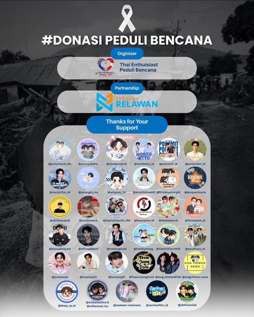 seakeenid's tweet photo. 📢 COLLABORATION PROJECT 📢

Komunitas Thai Enthusiast Indonesia (gabungan 30+ fanbase) mengucapkan terimakasih yang sebesar-besarnya untuk teman-teman yang sudah melakukan donasi untuk saudara kita yang terdampak bencana di NTT.

Khob khun mak ka/krab! 🙏🏻
#SeaKeen #ซีคีน https://t.co/B923eYkMLs