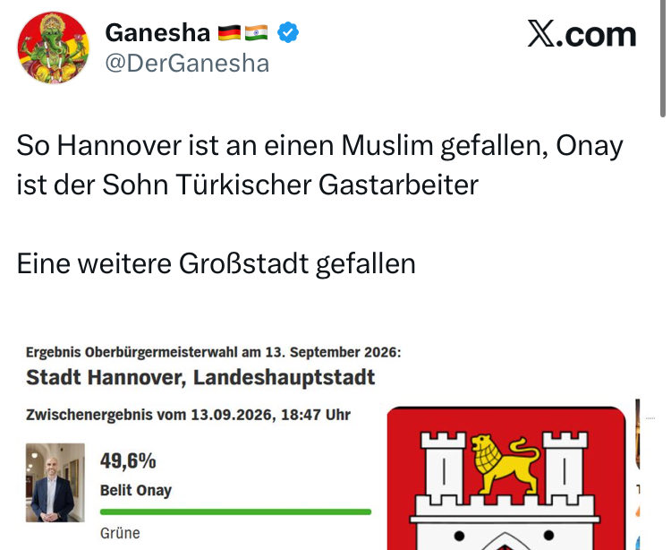 _Theophil_'s tweet photo. Der falsche Inder „vergisst“ zu erwähnen, dass Belit Onay bereits seit 2019 OB ist. Und die Einwohner sind offenbar so zufrieden, dass sie ihn zum großen Teil im Amt bestätigen.
Das „Islamische Kalifat Hannover“ hat er übrigens auch nicht ausgerufen. https://t.co/sJbBsTDV9q