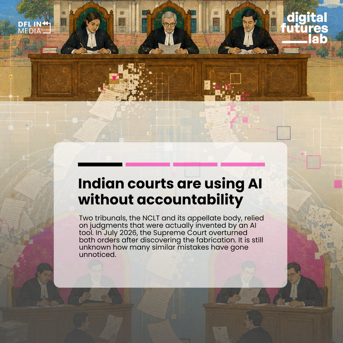 DigiFuturesLab's tweet photo. In July, the Supreme Court set aside two tribunal orders involving fake AI-generated case law. Dr @urvashi_aneja writes with @angelalusigi &amp; @SuryaPrakashBS that Indian courts are adopting AI without matching accountability. @ThePrintIndia  

🔗 https://t.co/ymsNJUv6CM https://t.co/qTg2dSkKi0