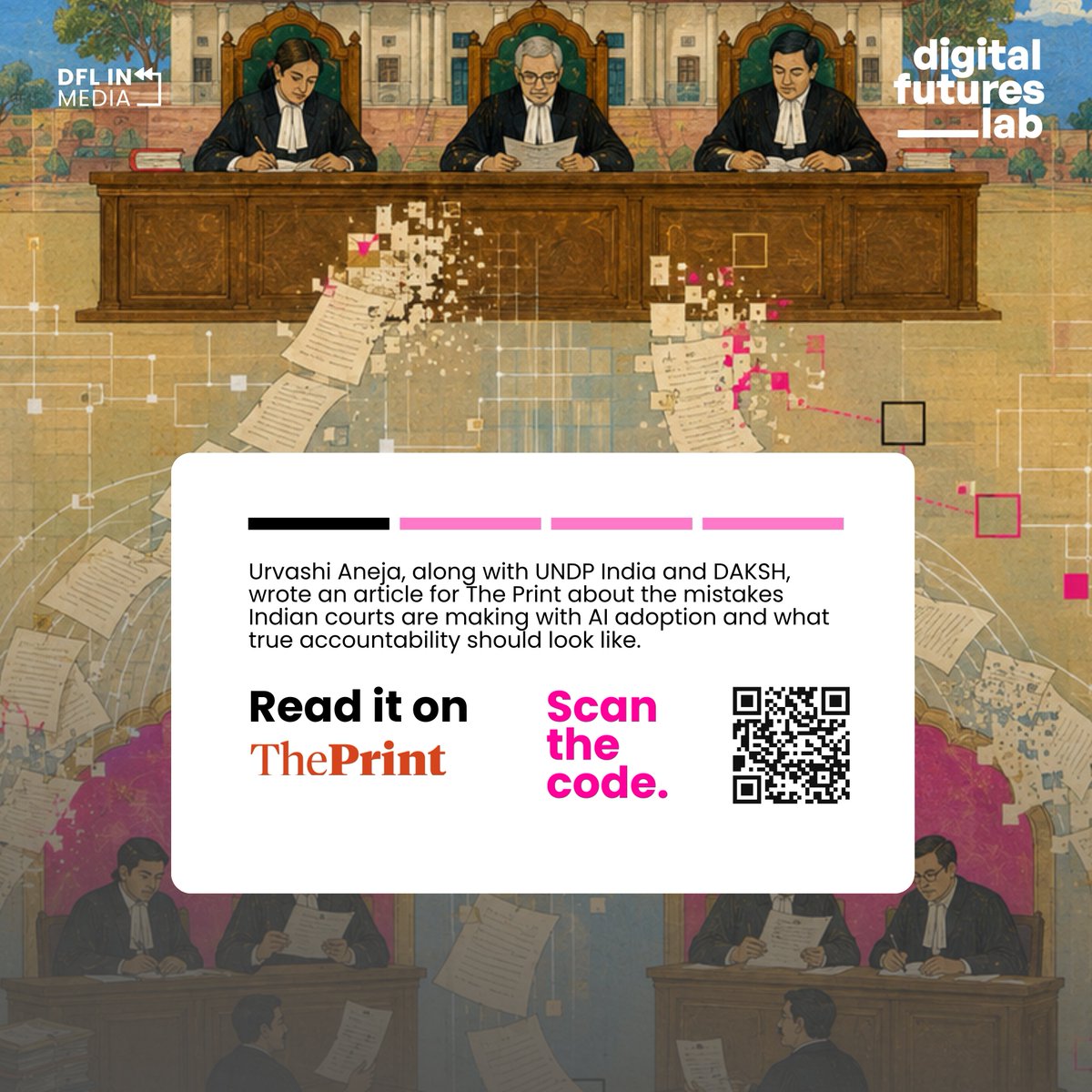 DigiFuturesLab's tweet photo. In July, the Supreme Court set aside two tribunal orders involving fake AI-generated case law. Dr @urvashi_aneja writes with @angelalusigi &amp; @SuryaPrakashBS that Indian courts are adopting AI without matching accountability. @ThePrintIndia  

🔗 https://t.co/ymsNJUv6CM https://t.co/qTg2dSkKi0
