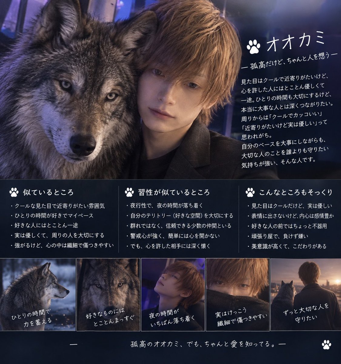 elurand1's tweet photo. おれもプロンプトお借りします🙋‍♂️

オオカミ🐺
おれ一途らしいわ！！w

#流行ってるアニマルズ診断やってみた https://t.co/lwjUQccyhv