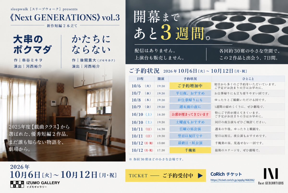 sleepwalk_inc43's tweet photo. ◤ 開幕まであと3週間 ◢

《Next GENERATIONS》vol.3

少しずつ、
お席が埋まり始めています🎫

特に、

10/10（土）14:30

は、ご予約が増え、
お席が埋まってきました。

10/6（火）19:30の
初日公演も、
ご予約が増えています。

各回約30席ほどの
小さな空間での上演です。

「この回で観たい」と
ご予定が決まっている方は、
ぜひお早めに
ご予約ください。

平日夜や、
土曜夜・日曜公演などは、

今ならまだ
ご予定に合わせて
お選びいただきやすいです。

最終日
10/12（月・祝）は、

13:00
17:30

の2公演。

17:30は千穐楽です。

まだ誰も知らない
新作短編2作品を、
ぜひ劇場で。

『大串のボクマダ』
『かたちにならない』

2026.10.6(火)〜12(月・祝)
IZUMO GALLERY

🎫 ご予約
https://t.co/0YUtnV5YAC