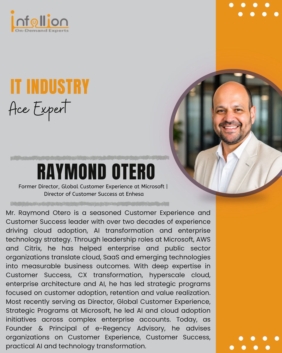 infollion's tweet photo. Meet Raymond Otero, a Customer Success leader with experience at Microsoft and Enhesa, driving customer impact and maximizing technology value. 🚀

Connect with him through Infollion Experts: experts@infollion.com
#Infollion #IT https://t.co/ZU4byhdXfa