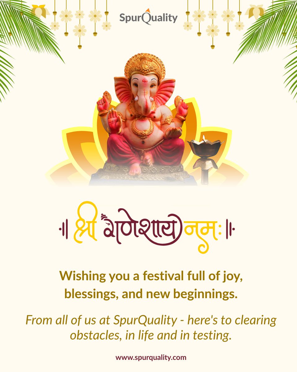 spurquality's tweet photo. Ganpati Bappa Morya!
This Ganesh Chaturthi, may Lord Ganesha remove the obstacles in our path, and inspire us to build, test, and deliver with greater confidence.
Wishing everyone a happy and prosperous Ganesh Chaturthi! 🌺
#GaneshChaturthi #GanpatiBappaMorya #SpurQuality #QA https://t.co/V5hGsuTwD3