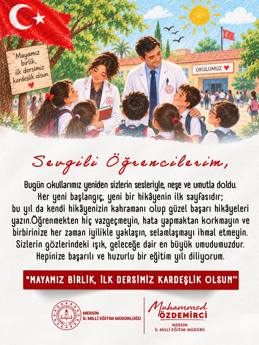 Muhammed0744's tweet photo. Sevgili Öğrencilerim,
Bugün okullarımız yeniden sizlerin sesleriyle, neşe ve umutla doldu.
Her yeni başlangıç, yeni bir hikâyenin ilk sayfasıdır; bu yıl da kendi hikâyenizin kahramanı olup güzel başarı hikâyeleri yazın. Öğrenmekten hiç vazgeçmeyin, hata yapmaktan korkmayın ve birbirinize her zaman iyilikle yaklaşın, selamlaşmayı ihmal etmeyin. 
Sizlerin gözlerindeki ışık, geleceğe dair en büyük umudumuzdur. Hepinize başarılı ve huzurlu bir eğitim yılı diliyorum.
"Mayamız birlik, ilk dersimiz kardeşlik olsun.

#ilkdersimizkardeşlik