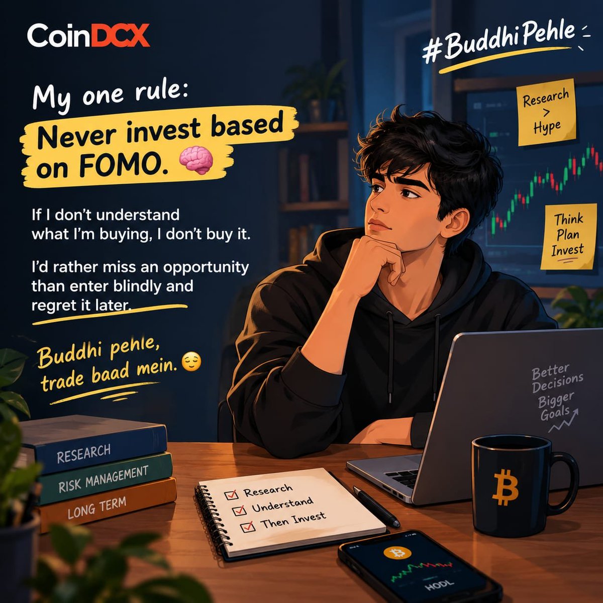 livingbxtter's tweet photo. @CoinDCX My one rule: Never invest based on FOMO. 🧠

If I don’t understand what I’m buying, I don’t buy it.
I’d rather miss an opportunity than enter blindly and regret it later.

Buddhi pehle, trade baad mein. 😌

#BuddhiPehle #CoinDCX
@CoinDCX https://t.co/BT1qqCFs0s