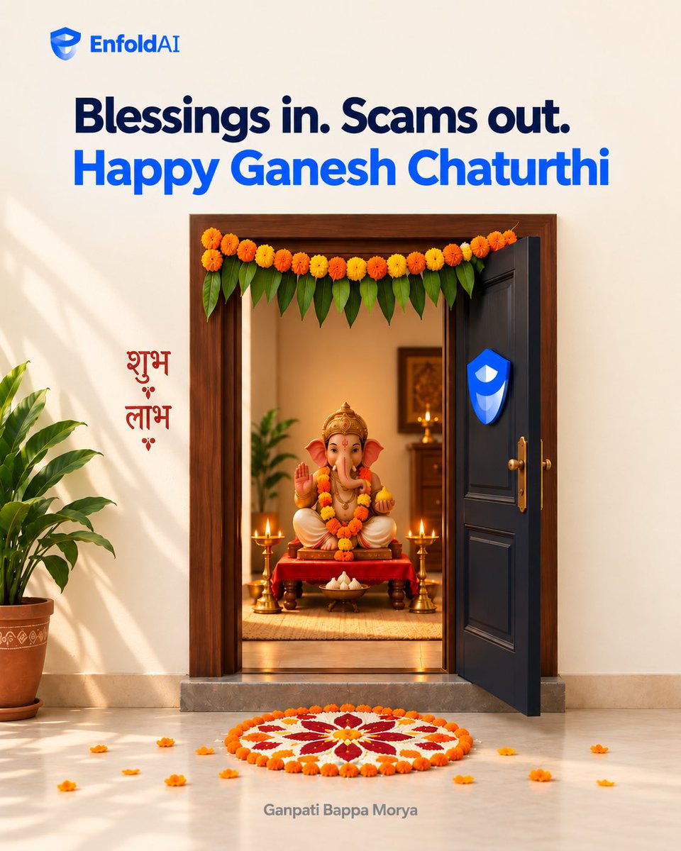 EnfoldAI's tweet photo. Blessings in. Scams out. 🙏

May Bappa remove every obstacle in your path this year, the big ones, and the ones that arrive quietly on your phone.

Ganpati Bappa Morya. 🧡

#GaneshChaturthi #GanpatiBappaMorya #Ganeshotsav2026 #EnfoldAI #StaySafeOnline #ScamAlert #DigitalSafety https://t.co/SWGYAf7smg