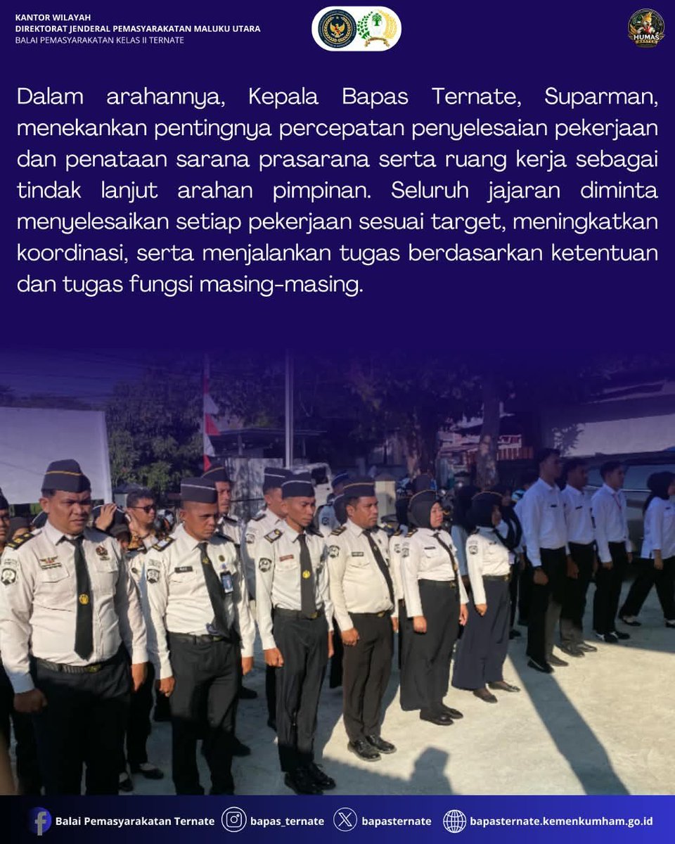 bapasternate's tweet photo. Bapas Ternate Laksanakan Apel Pagi dan Hening Cipta, Perkuat Disiplin serta Tanggung Jawab Pegawa

#kemenimipas
#guardanguide
#infoimipas
#bapasternate
#humasbapasternate https://t.co/JIVc03nj0w