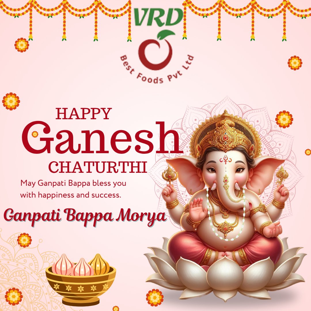 vrdharmendra's tweet photo. 🙏🐘 Happy Ganesh Chaturthi! 🌺

May Lord Ganesha remove obstacles and bless everyone with happiness, prosperity, success, wisdom &amp; new beginnings.

Wishing you and your loved ones a blessed and joyful Ganesh Chaturthi.

Ganpati Bappa Morya! 🙏✨

— VRD Best Foods Pvt Ltd https://t.co/uJsvIp1bHb