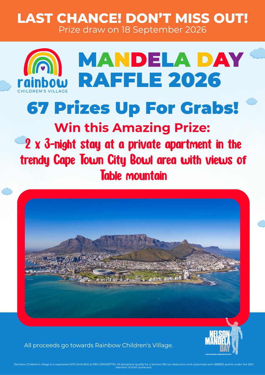 RainbowCV1's tweet photo. 🚨 Last chance to enter! 🚨
🌅 Escape to Cape Town! Raffle tickets are just R67!
⏰ The prize draw takes place on 18 September 2026, get your tickets before it’s too late!
📞 064 683 4452 | 072 477 2319
📧 info@rainbowchildrensvillage.co.za

#MandelaDay2026 https://t.co/mHBTWt5Ar7