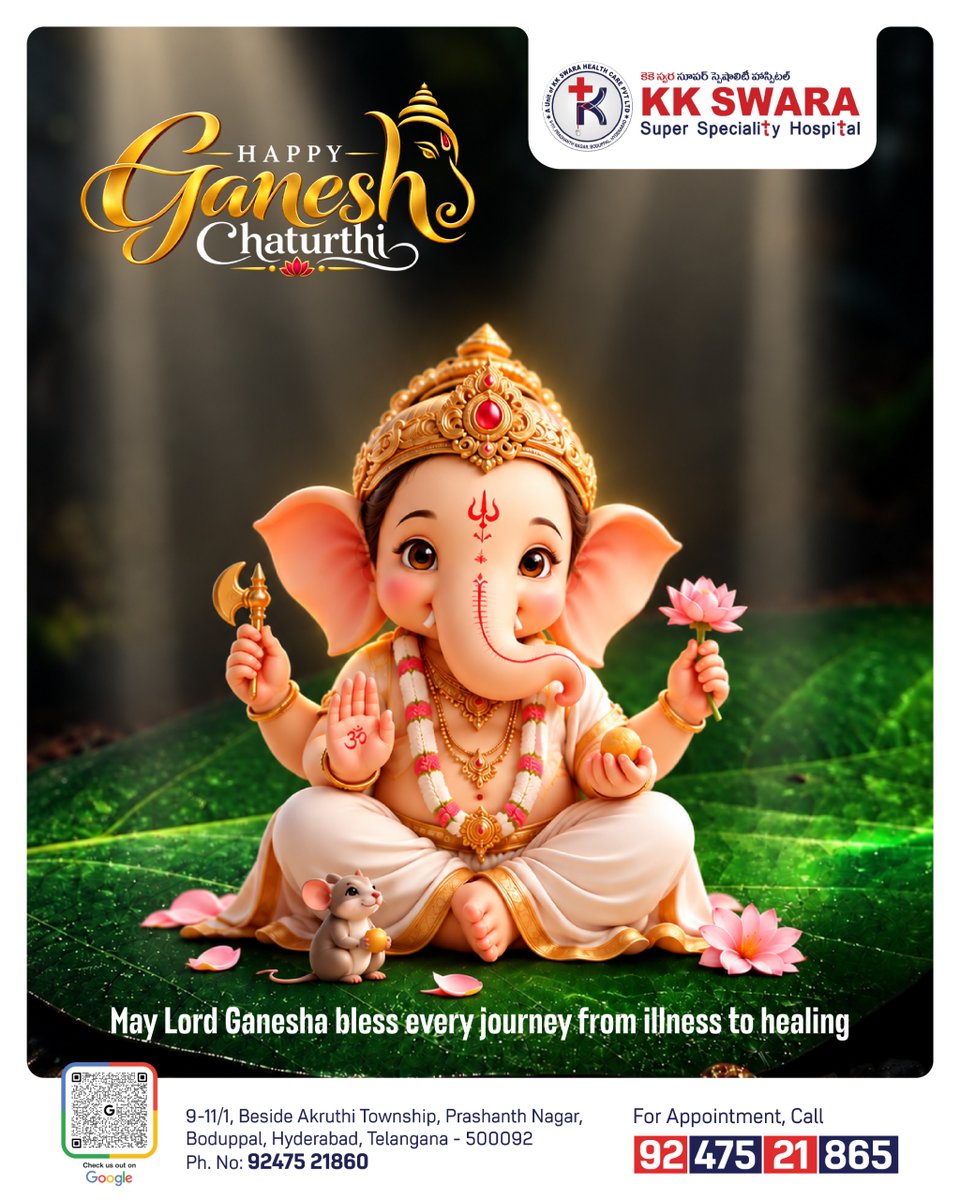 kk_swara's tweet photo. 🐘🙏 Happy Vinayaka Chaturthi!

May Lord Ganesha remove all obstacles and bless you and your family with good health, happiness, peace &amp; prosperity.

🏥 KK Swara Super Speciality Hospital wishes everyone a blessed Vinayaka Chaturthi!

#VinayakaChaturthi #GaneshChaturthi https://t.co/hdZqaGsjQu