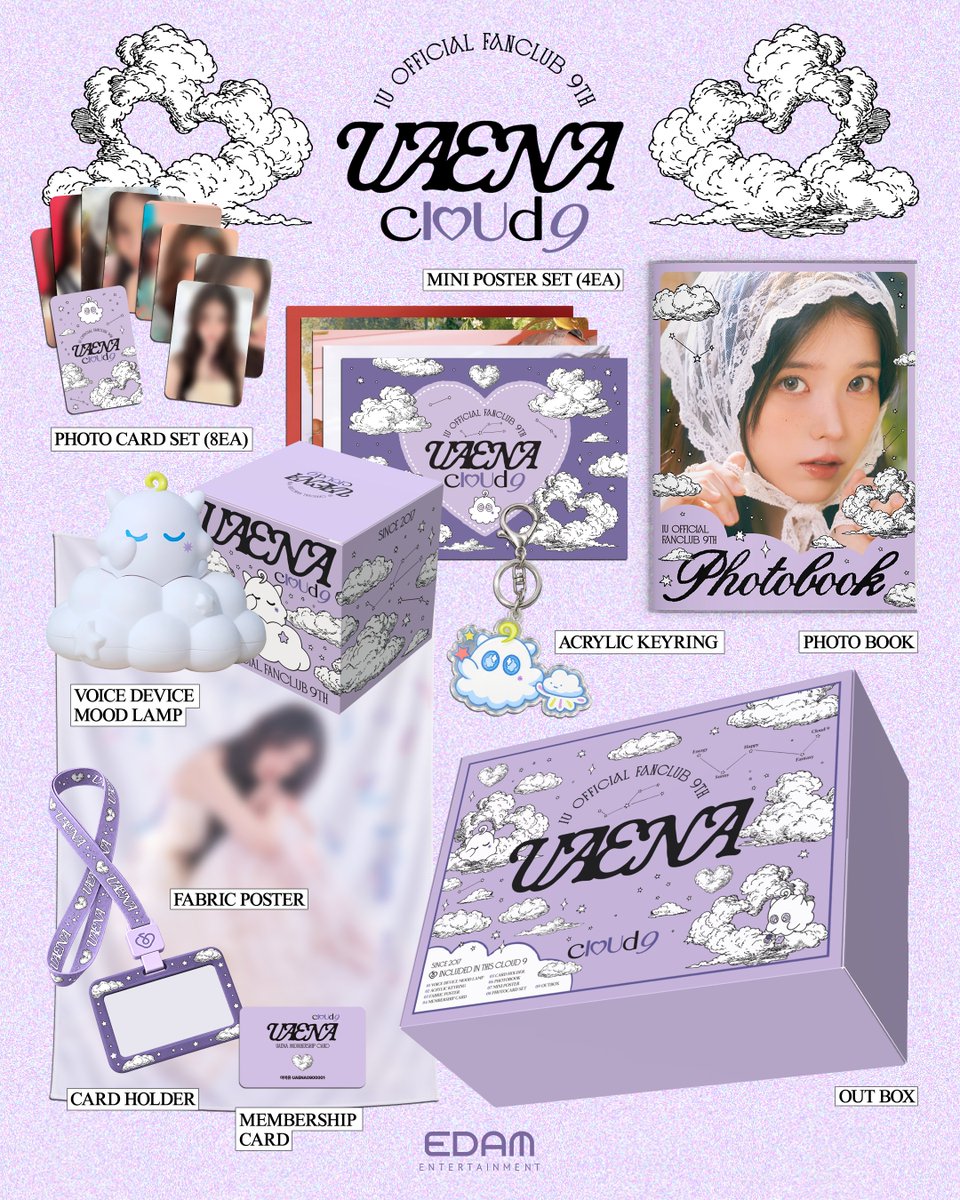 _IUofficial's tweet photo. <UAENA> 9th OFFICIAL FANCLUB KIT Details

1. VOICE DEVICE MOOD LAMP
2. MEMBERSHIP CARD
3. CARD HOLDER
4. FABRIC POSTER
5. ACRYLIC KEYRING
6. MINI POSTER SET
7. PHOTOCARD SET
8. PHOTO BOOK
9. OUT BOX

📅 Period : 26.09.01 (TUE) ~ 26.09.14 (MON)
🔗 https://t.co/CxXUUmfxpI
🔗 https://t.co/bVtkdWtnbN

#아이유 #IU 
#유애나 #UAENA
