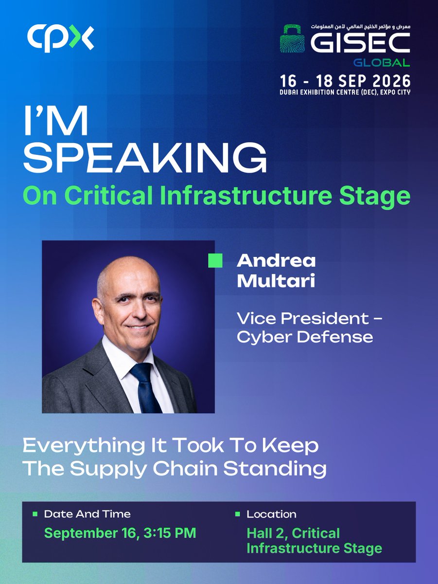 cpxholding's tweet photo. #CPX takes the stage at #GISEC2026.

Join Andrea Multari &amp; Azeem Aleem as they talk about #CyberResilience, critical infrastructure protection, &amp; anticipating tomorrow's threats.

📍 Stand A80
🤝 Book a meeting: https://t.co/ZmTY6N6Jw9

#CPXAtGISEC #SecureWhatsNext #CPXSecuresAI https://t.co/6y2wiwkJfa