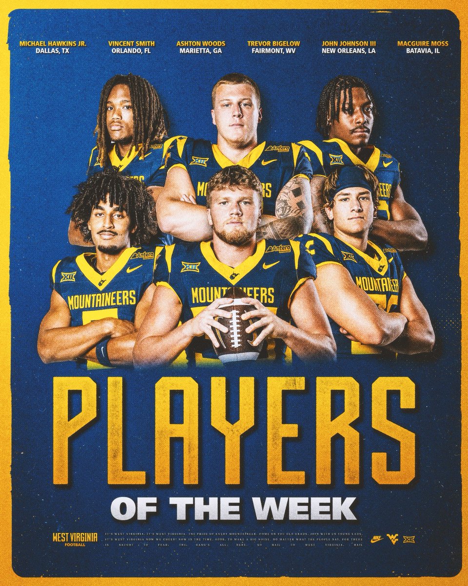 WVUfootball's tweet photo. Players of the Week ➕ Hard Edge Players of the Week

@mikehawkinsj 
Vincent Smith 
@ashton_woods7 
@TrevorBigelow4 
@MacguireMoss 
@Hollywood1k__ 
@Eppsdj2 
@LatimerGeimere https://t.co/HdyX9X3S3y