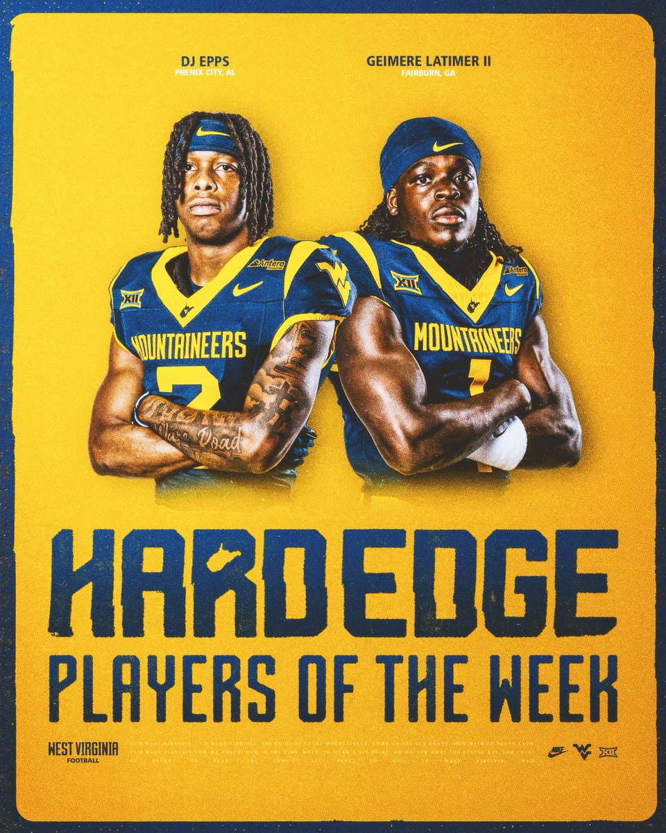 WVUfootball's tweet photo. Players of the Week ➕ Hard Edge Players of the Week

@mikehawkinsj 
Vincent Smith 
@ashton_woods7 
@TrevorBigelow4 
@MacguireMoss 
@Hollywood1k__ 
@Eppsdj2 
@LatimerGeimere https://t.co/HdyX9X3S3y