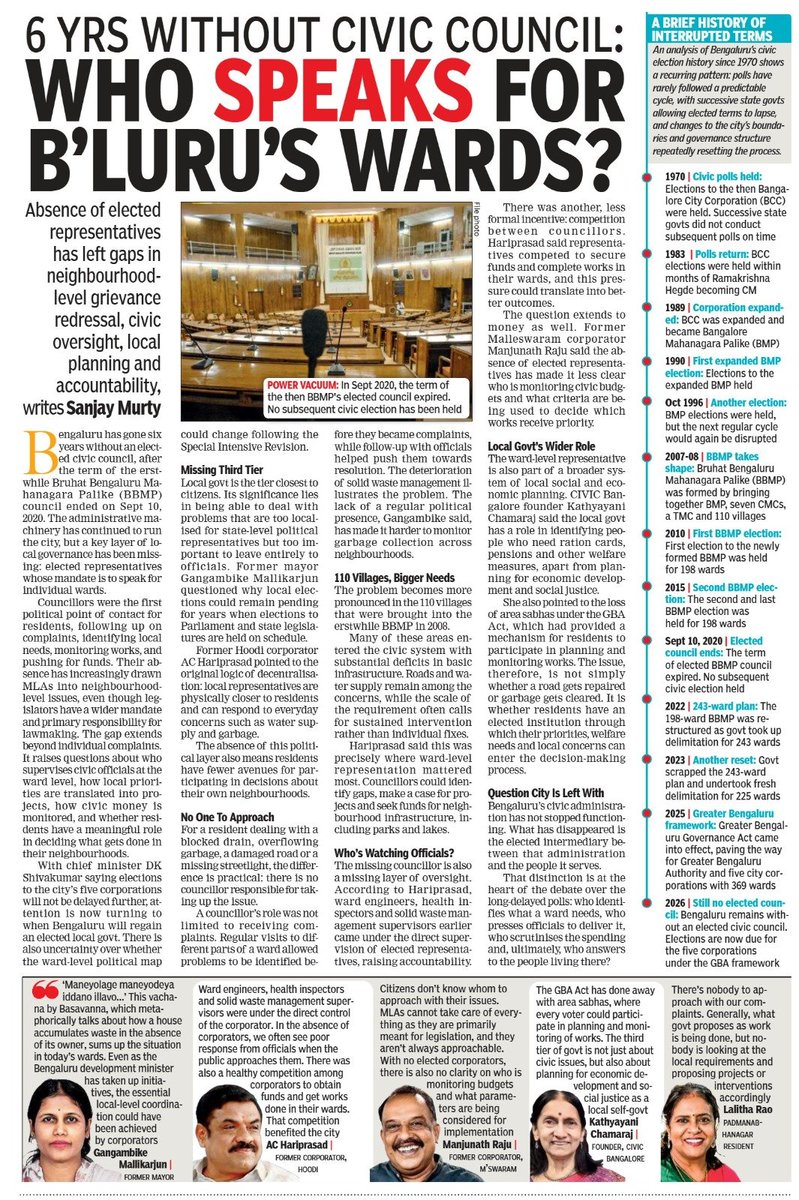 srm2k15's tweet photo. Bengaluru has gone six years without an elected civic council after the BBMP council’s term ended in Sept 2020.
The absence of corporators has weakened local-level monitoring of civic works and accountability for their resolution.
#GBAelection
@GBA_office @krishnabgowda https://t.co/oTkKKclBSj