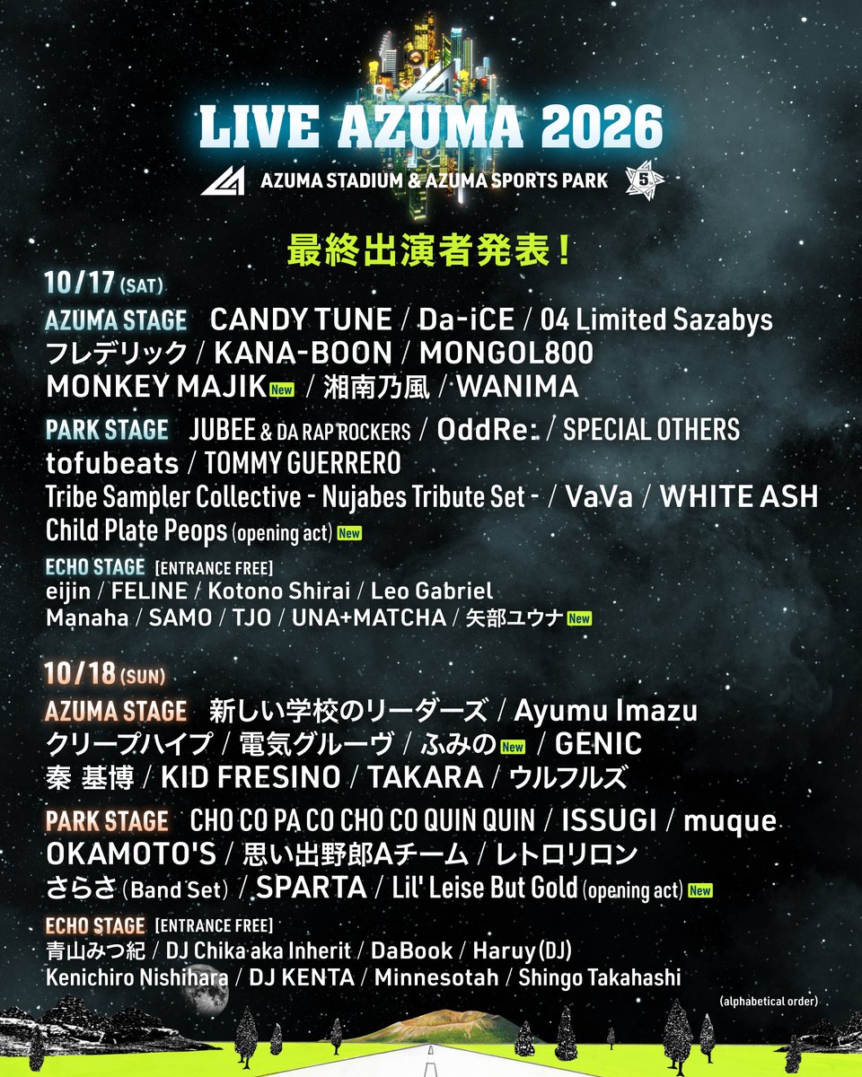 liveazuma's tweet photo. ◢◤◢◤⚡️𝙇𝙄𝙉𝙀𝙐𝙋 𝘼𝙉𝙉𝙊𝙐𝙉𝘾𝙀𝘿⚡️◢◤◢◤

#LIVEAZUMA 2026
最終出演アーティスト発表!!

🗓️𝟭𝟬.𝟭𝟳(𝙨𝙖𝙩)
🏟️𝘈𝘡𝘜𝘔𝘈 𝘚𝘛𝘈𝘎𝘌
MONKEY MAJIK🆕 

🏞️𝘗𝘈𝘙𝘒 𝘚𝘛𝘈𝘎𝘌
Child Plate Peops (opening act)🆕 

🪩𝘌𝘊𝘏𝘖 𝘚𝘛𝘈𝘎𝘌
矢部ユウナ🆕

🗓️𝟭𝟬.𝟭𝟴(𝙨𝙪𝙣)
🏟️𝘈𝘡𝘜𝘔𝘈 𝘚𝘛𝘈𝘎𝘌
ふみの🆕

🏞️𝘗𝘈𝘙𝘒 𝘚𝘛𝘈𝘎𝘌
Lil' Leise But Gold (opening act)🆕

各プレイガイドにてチケット一般販売中!!🎫
👉https://t.co/o1wKznESj8