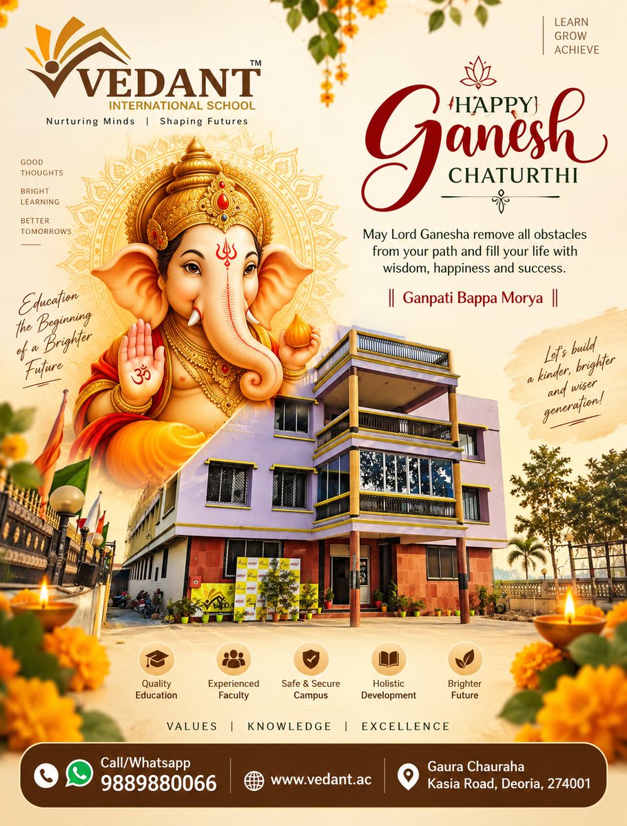 VedantIntSchool's tweet photo. 🙏✨ Ganpati Bappa Morya!
May Lord Ganesha bless everyone with wisdom, happiness &amp; success. 🌺
Happy Ganesh Chaturthi! 🪔
— Vedant International School

📞 9889880066 | 🌐 https://t.co/IlklxI8AbT

#GaneshChaturthi #GanpatiBappaMorya #VedantInternationalSchool #Deoria https://t.co/8dEtQFdSp4