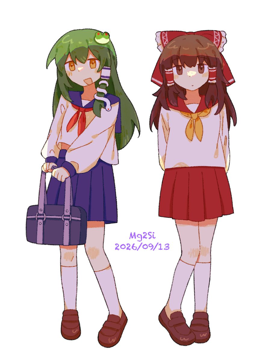 Mg2Si_ghm's tweet photo. 制服の霊夢と早苗
#東方Project #東風谷早苗 #博麗霊夢 #レイサナ https://t.co/jARPuXcNh4