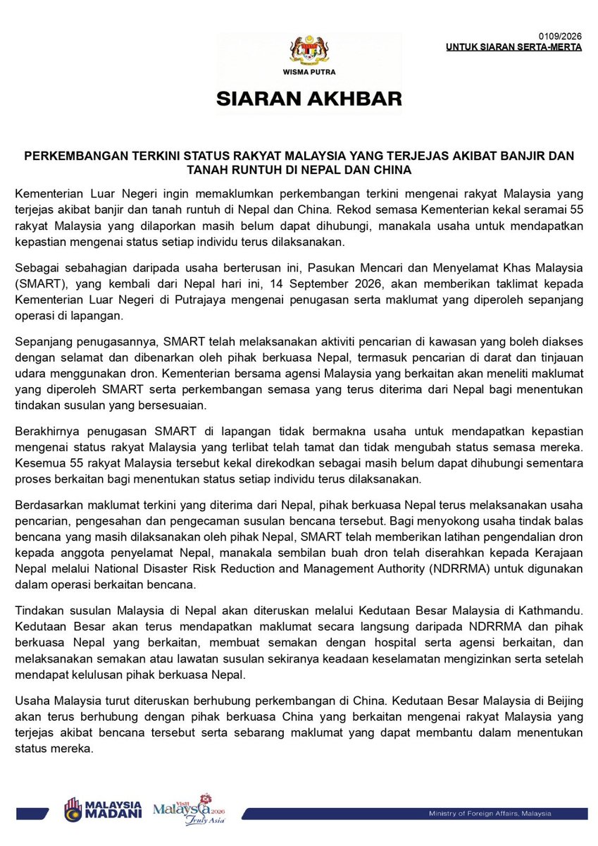 MalaysiaMFA's tweet photo. #PressRelease 

[0109/2026] 

UPDATE ON STATUS OF MALAYSIANS AFFECTED BY FLOODS AND LANDSLIDESIN NEPAL AND CHINA - 14 SEPTEMBER 2026 https://t.co/HRnUbiVv1Z