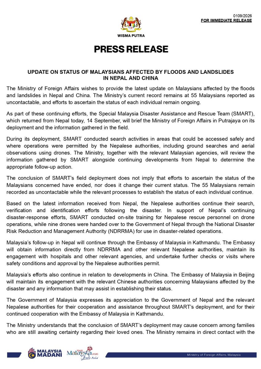 MalaysiaMFA's tweet photo. #PressRelease 

[0109/2026] 

UPDATE ON STATUS OF MALAYSIANS AFFECTED BY FLOODS AND LANDSLIDESIN NEPAL AND CHINA - 14 SEPTEMBER 2026 https://t.co/HRnUbiVv1Z