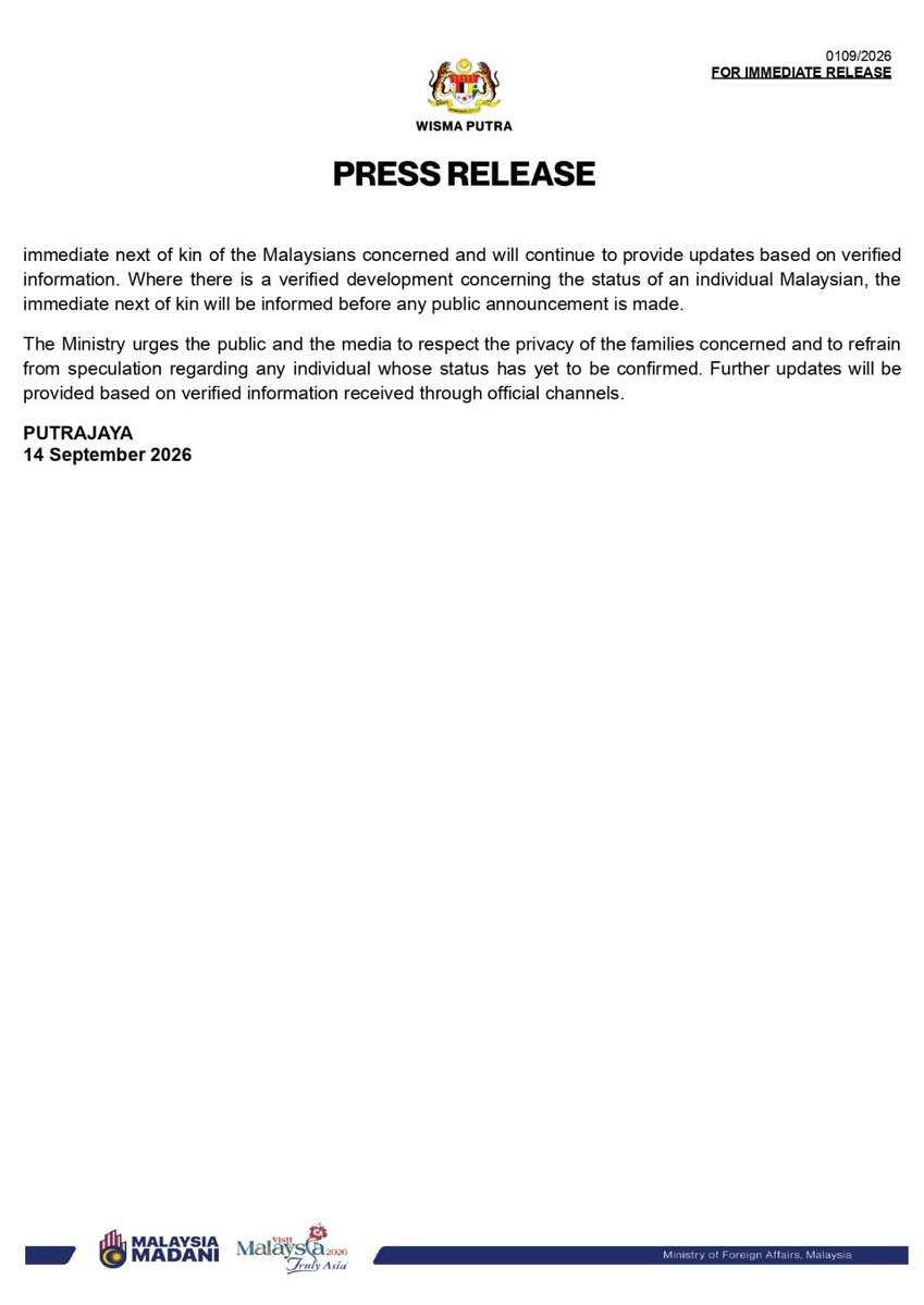 MalaysiaMFA's tweet photo. #PressRelease 

[0109/2026] 

UPDATE ON STATUS OF MALAYSIANS AFFECTED BY FLOODS AND LANDSLIDESIN NEPAL AND CHINA - 14 SEPTEMBER 2026 https://t.co/HRnUbiVv1Z
