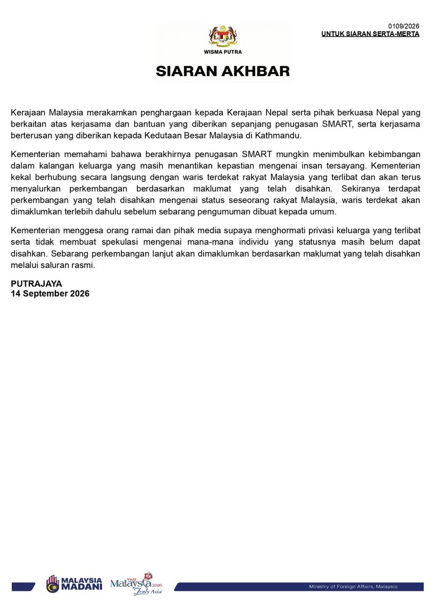 MalaysiaMFA's tweet photo. #PressRelease 

[0109/2026] 

UPDATE ON STATUS OF MALAYSIANS AFFECTED BY FLOODS AND LANDSLIDESIN NEPAL AND CHINA - 14 SEPTEMBER 2026 https://t.co/HRnUbiVv1Z