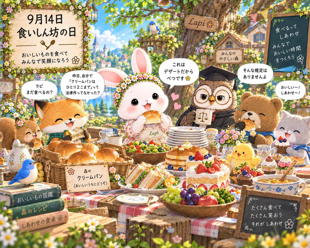 tamausa_m's tweet photo. 🎂食いしん坊の日
#AIart #Storybook #RabbitArt #ラピ日記 #今日は何の日 https://t.co/Hq3CBGEiYa