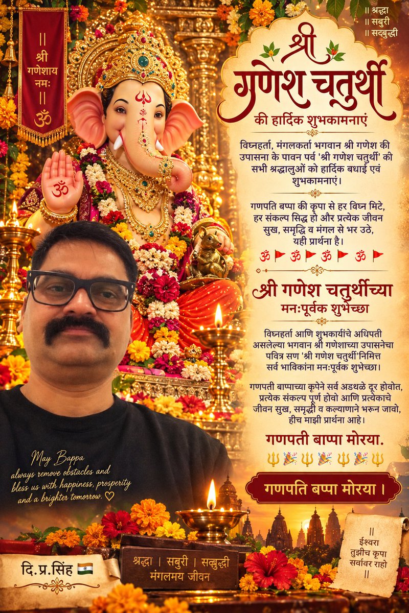 DPsevak2SaveNat's tweet photo. विघ्नहर्ता, मंगलकर्ता भगवान श्री गणेश की उपासना के पावन पर्व 'श्री गणेश चतुर्थी' की सभी श्रद्धालुओं को हार्दिक बधाई एवं शुभकामनाएं।
@narendramodi @AmitShah
@myogiadityanath 
गणपति बप्पा की कृपा से हर विघ्न मिटे, हर संकल्प सिद्ध हो और प्रत्येक जीवन सुख, समृद्धि व मंगल से भर उठे, ��ही प्रार्थना है। 
🕉️🚩🕉️🚩🕉️🚩🕉️🚩
विघ्नहर्ता आणि शुभकार्यांचे अधिपती असलेल्या भगवान श्री गणेशाच्या उपासनेचा पवित्र सण 'श्री गणेश चतुर्थी'निमित्त सर्व भाविकांना मनःपूर्वक शुभेच्छा.
@nitin_gadkari @Dev_Fadnavis
@mieknathshinde
गणपती बाप्पाच्या कृपेने सर्व अडथळे दूर होवोत, प्रत्येक संकल्प पूर्ण होवो आणि प्रत्येकाचे जीवन सुख, समृद्धी व कल्याणाने भरून जावो, हीच माझी प्रार्थना आहे.
🔱🎉🔱🎉🔱🎉🔱
गणपति बप्पा मोरया।
