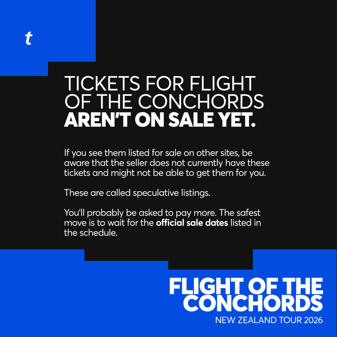 Ticketmaster_NZ's tweet photo. ⚠️Tickets for Flight of the Conchords aren't on sale yet. If you come across any before the official sale, be careful, they may not be valid. The safest move is to wait for the official sale dates listed in the schedule.

(Link to Artist Presale) 🎫: https://t.co/ENW50H8yLl https://t.co/1znM23Ut26