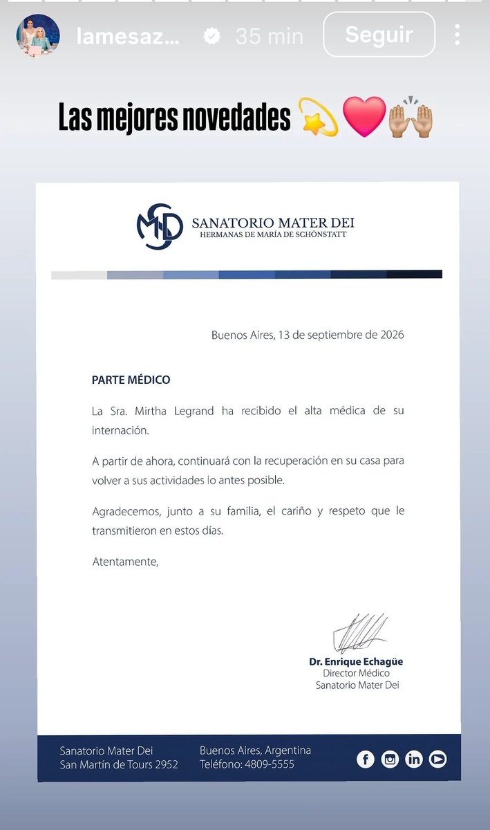 AndreaBisso's tweet photo. La mejor noticia para @mirthalegrand !!! Le dieron el alta médica y ya volvió a su casa ! Te queremos Chiqui 🥂💞!!! Cuídate y que puedas regresar pronto a tu #Mesaza ! #MirthaLegrand ⚘️ https://t.co/N3XpcIdEQL