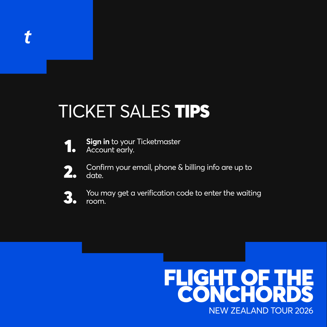 Ticketmaster_NZ's tweet photo. Tips for getting ready for the Flight of the Conchords Ticket Drop ⬇️

(Link to Artist Presale) 🎫: https://t.co/ENW50H8yLl https://t.co/6T6MuiGFNG