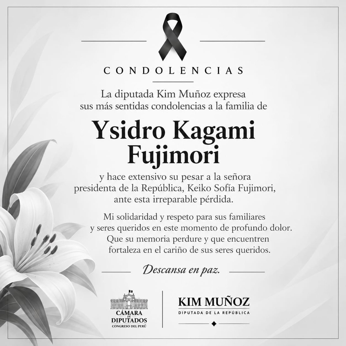 KimTamiMY's tweet photo. Expreso mis más sentidas condolencias a la familia de Ysidro Kagami Fujimori, especialmente a la presidenta Keiko Sofía Fujimori, ante esta irreparable pérdida.

Mi solidaridad y respeto para sus familiares y seres queridos en este momento de profundo dolor. https://t.co/cWpBgFlgqM