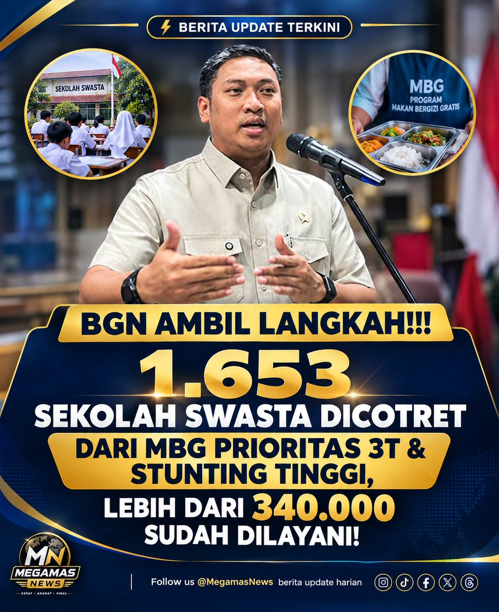 MegamasNews's tweet photo. Menurut Kepala BGN Sudaryono, mayoritas sekolah yang dikeluarkan adalah sekolah swasta bertaraf internasional atau yang sudah mandiri secara finansial dan tidak bergantung pada dana BOS.
MBG #Sudaryono #Wilayah3T #fyp #viral ppppppppppp https://t.co/20QF7H1Tai