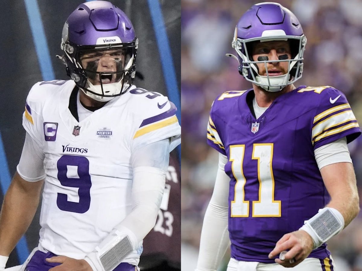 JasonHarmonNFL's tweet photo. J.J McCarthy Week 1 2025:
-3 total TDs
-143 passing yards
-3 sacks taken
-21 4th quarter points in a comeback win against a divisional rival. 

Carson Wentz Week 1 2026: 
-3 total TDs
-133 passing yards
-3 sacks taken
-22 4th quarter points in a comeback win against a divisional rival