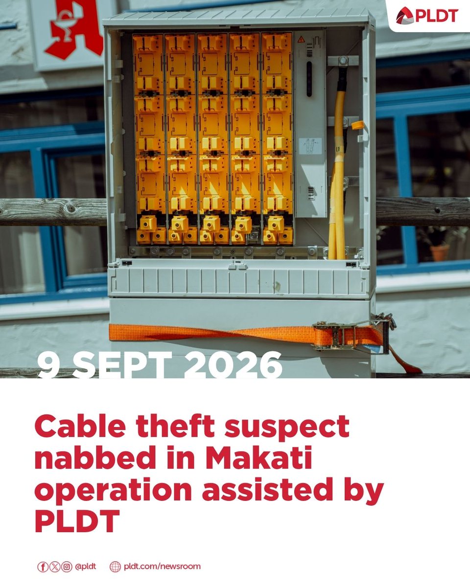 pldt's tweet photo. PLDT through its Asset Protection and Security Risk Governance Group and in close coordination with local authorities assisted in the apprehension of a suspect identified as one of the individuals seen in a recent viral video involving the vandalism of a PLDT cabinet in Makati. https://t.co/EZZ6xeapjB