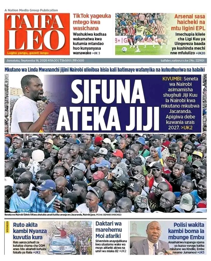 Realkangethe's tweet photo. Good morning ladies and gentlemen, here are today's bold headlines in our local dailies;

🔴The standard - Sifuna Storms City

🔴 People Daily - Ruto's Gachagua playbook

🔴 Daily Nation -  Sifuna storms city

🔴 Taifa Leo - SIFUNA ATEKA JIJI https://t.co/pWK6BGljqg