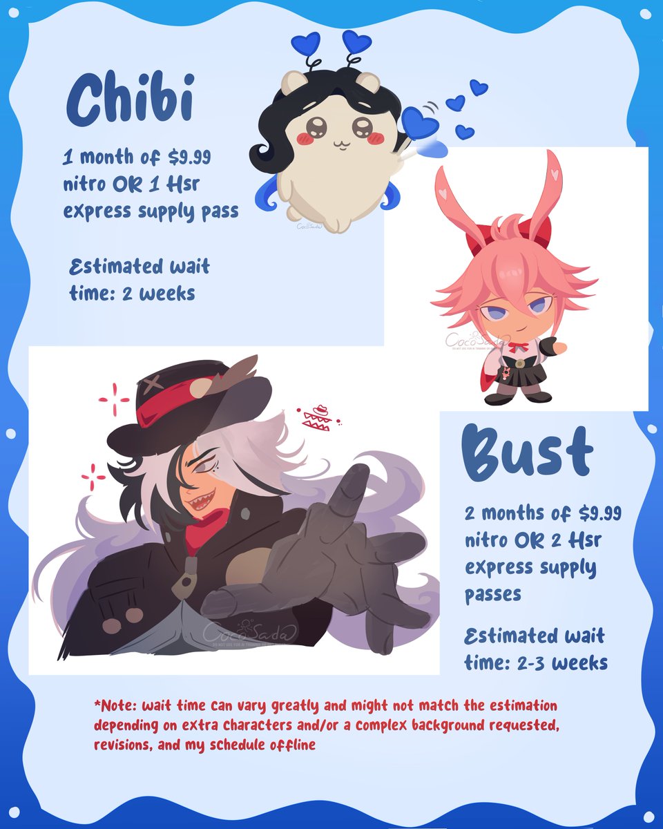 CocoSadaArt's tweet photo. Commissions have reopened! Please dm if you're interested or have questions, I'll be taking 2 slots at a time💙 #commissionsopen #hsrfanart #artcommissions https://t.co/QzjFD6pPvv