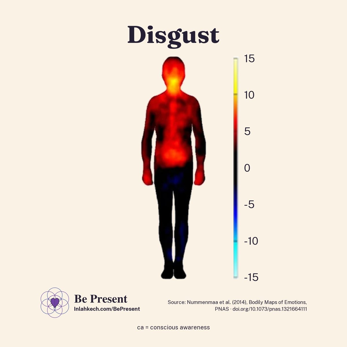 trueBePresent's tweet photo. Disgust's heat map: the stomach and throat first, the body pulling away before you've decided to, via body-sensation research. Part of Be Present's 14-state series — identify it, and then use the four-step method: https://t.co/tiqY9urSoh #BePresent #Mindfulness #Consciousness https://t.co/u39LqJLoWF