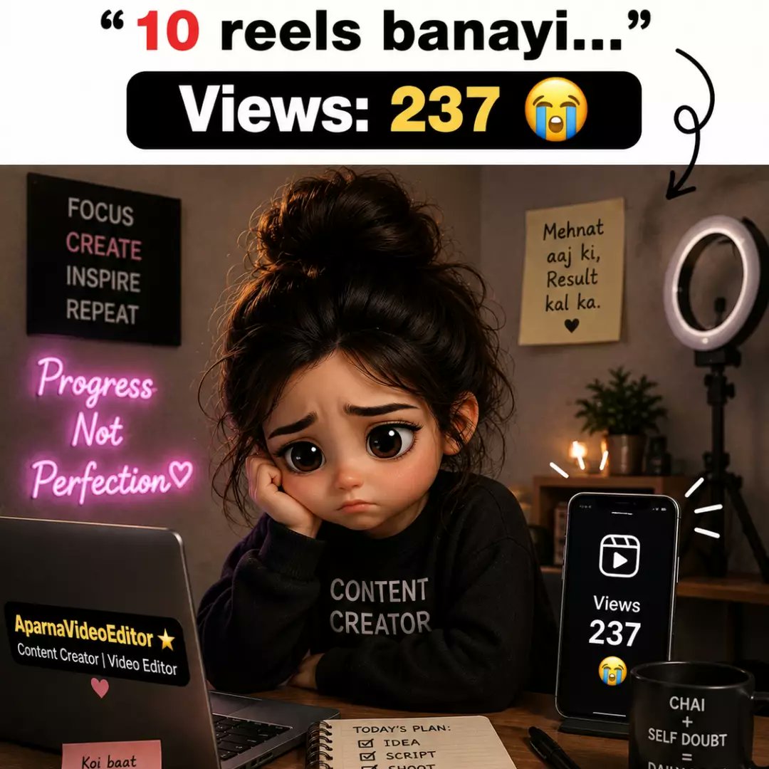viviane445's tweet photo. 10 Reels banayi, views aaye sirf 237. Har creator ye phase dekhta hai. Jo 237 views ke baad bhi upload karta rehta hai, wahi ek din viral hota hai. Agar tum consistency wale creator ho, save karo. https://t.co/O29PEjI2pV