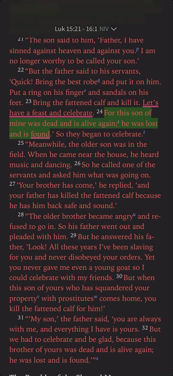 browngi41399963's tweet photo. ￼
￼

The Lost Son - Part 3

The Obedient Son

Jesus’ parables always seem to have an Easter egg hidden in them. There is the obvious story, the one you see immediately. And then, when you sit with it and meditate on it a little deeper, He shows you something that was there all along. Something you somehow missed. And when you finally see it, you light up.

I feel like the other son is the Easter egg of this parable.

This is the good son. The obedient one. The one who stayed. The one who, in his own words, had been “slaving” for his father and had never disobeyed him.

I recognize this older son because this is who I used to be as a Christian.

I worked hard and did my best to be obedient. I went to church. I filled myself with knowledge. I tried to do the right things.

But I did not know the heart of my Father.

I was in His house, but I did not have a relationship with Him. I thought I was living as a son, but I was behaving like a servant.

And that is what makes the older son’s story so tragic.

He had spent his entire life with his father, yet he had learnt so little from him. He was nothing like him.

Because if he had known his father’s heart, he would have run to his brother too. He would have welcomed him home. He would have rejoiced because someone he loved, someone who was lost, had finally come back.

Instead, he was angry.

His response was painfully worldly: How can you celebrate this guy? Look at what he did to you. Look at what he wasted. Look at all the grief he caused. And after everything I have done for you, you have never celebrated me like this.

He had obeyed his father without ever becoming like his father.

And suddenly, the parable is no longer just about the son who left home.

It is also about the son who never left and was lost anyway.

Jesus had just said the same thing in the parable of the lost sheep:

Luke 15:7 (NIV)
“I tell you that in the same way there will be more rejoicing in heaven over one sinner who repents than over ninety-nine righteous persons who do not need to repent.”

The younger son knew he was lost. That realization brought him home.

The older son did not know he was lost.

And perhaps that made him even harder to find.

Jesus keeps talking about the Kingdom of God.

The King’s children are not merely taught to obey the King. They know Him. They have a relationship with Him. They have access to Him. They learn His heart. And slowly, they begin to become like Him.

Are we slaves of the King, or are we His sons and daughters?

We can become so focused on working for God that we never learn to walk with Him.

We can spend our whole lives in the Father’s house and still live like servants.

The goal is never just to obey the Father.

It is to know him and become like Him.