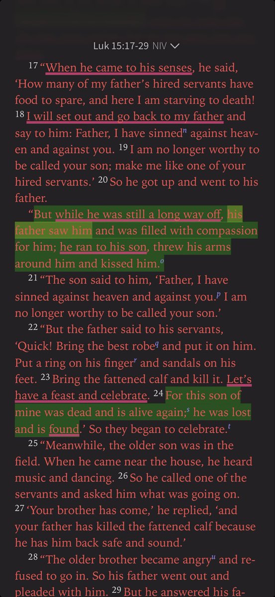 browngi41399963's tweet photo. ￼
￼

The Lost Son - Part 3

The Obedient Son

Jesus’ parables always seem to have an Easter egg hidden in them. There is the obvious story, the one you see immediately. And then, when you sit with it and meditate on it a little deeper, He shows you something that was there all along. Something you somehow missed. And when you finally see it, you light up.

I feel like the other son is the Easter egg of this parable.

This is the good son. The obedient one. The one who stayed. The one who, in his own words, had been “slaving” for his father and had never disobeyed him.

I recognize this older son because this is who I used to be as a Christian.

I worked hard and did my best to be obedient. I went to church. I filled myself with knowledge. I tried to do the right things.

But I did not know the heart of my Father.

I was in His house, but I did not have a relationship with Him. I thought I was living as a son, but I was behaving like a servant.

And that is what makes the older son’s story so tragic.

He had spent his entire life with his father, yet he had learnt so little from him. He was nothing like him.

Because if he had known his father’s heart, he would have run to his brother too. He would have welcomed him home. He would have rejoiced because someone he loved, someone who was lost, had finally come back.

Instead, he was angry.

His response was painfully worldly: How can you celebrate this guy? Look at what he did to you. Look at what he wasted. Look at all the grief he caused. And after everything I have done for you, you have never celebrated me like this.

He had obeyed his father without ever becoming like his father.

And suddenly, the parable is no longer just about the son who left home.

It is also about the son who never left and was lost anyway.

Jesus had just said the same thing in the parable of the lost sheep:

Luke 15:7 (NIV)
“I tell you that in the same way there will be more rejoicing in heaven over one sinner who repents than over ninety-nine righteous persons who do not need to repent.”

The younger son knew he was lost. That realization brought him home.

The older son did not know he was lost.

And perhaps that made him even harder to find.

Jesus keeps talking about the Kingdom of God.

The King’s children are not merely taught to obey the King. They know Him. They have a relationship with Him. They have access to Him. They learn His heart. And slowly, they begin to become like Him.

Are we slaves of the King, or are we His sons and daughters?

We can become so focused on working for God that we never learn to walk with Him.

We can spend our whole lives in the Father’s house and still live like servants.

The goal is never just to obey the Father.

It is to know him and become like Him.
