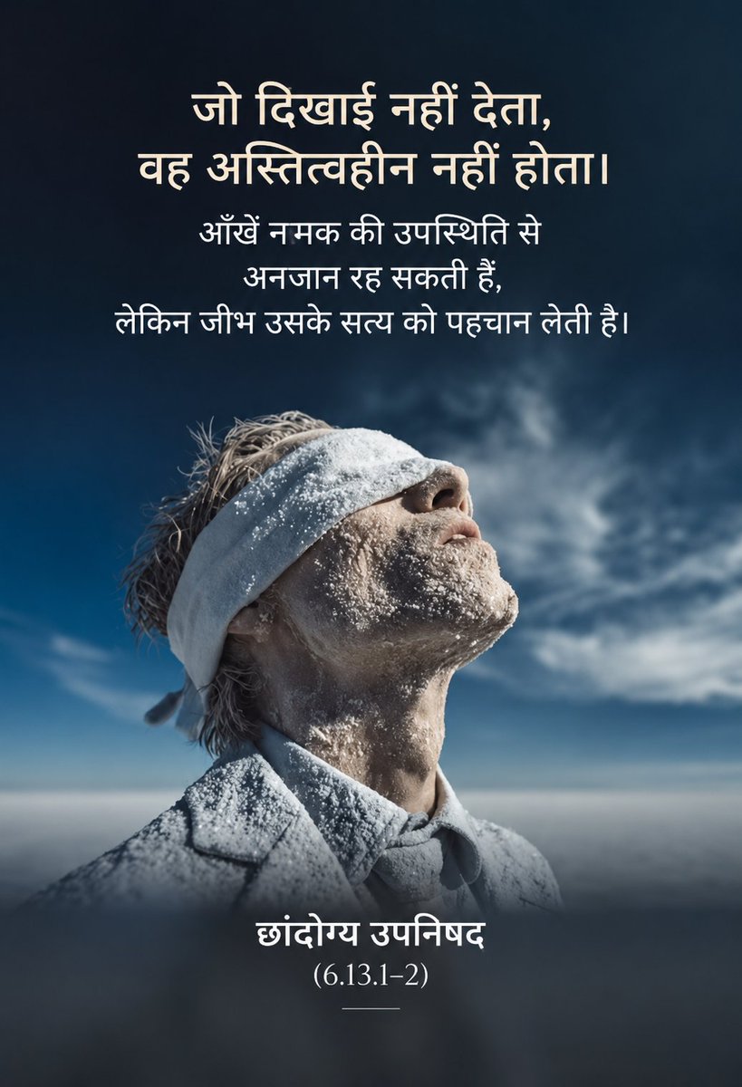 shabdkunj's tweet photo. जो दिखाई नहीं देता,
वह अस्तित्वहीन नहीं होता।
आँखें नमक की उपस्थिति से
अनजान रह सकती हैं,
लेकिन जीभ उसके सत्य को
पहचान लेती है।

—• छांदोग्य उपनिषद https://t.co/e83Oqx1MYL