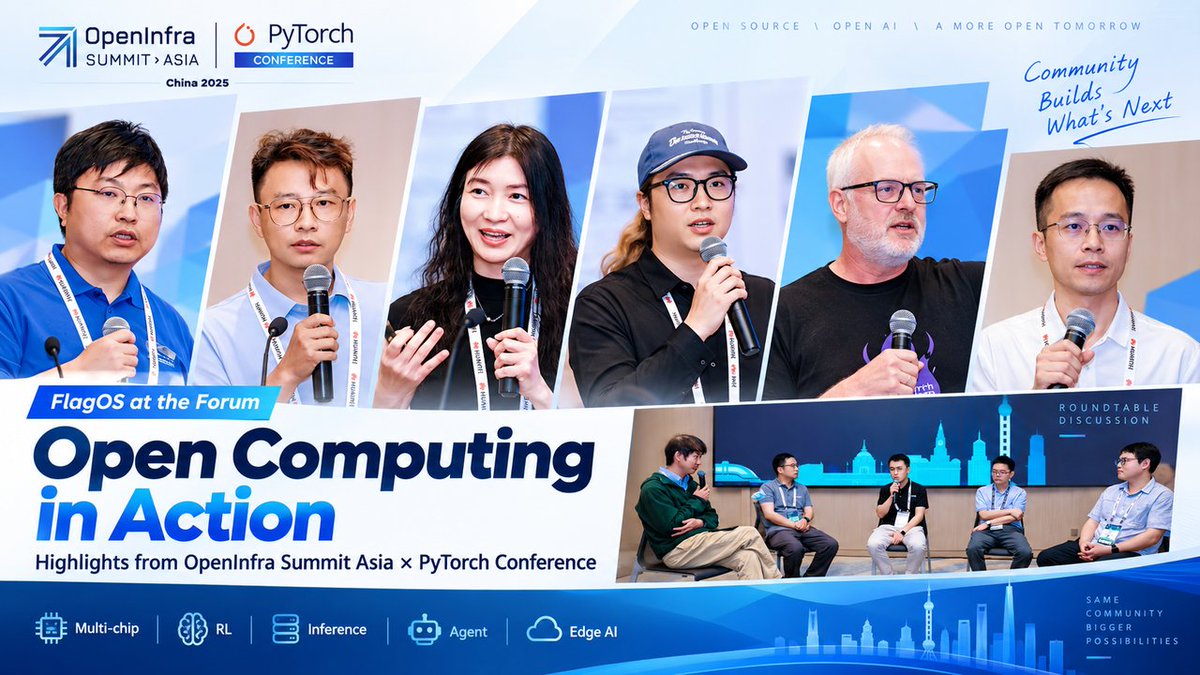 FlagOSCommunity's tweet photo. 20+ hardware backends. 800+ open-source ops. Day 0 multi-chip adaptation.
At our Shanghai forum alongside #KubeCon + @PyTorch Conference China, FlagOS showed how open collaboration can break AI hardware fragmentation.

@linuxfoundation @CloudNativeFdn #OpenSourceAI #AIInfra https://t.co/R8nDwSCwVb